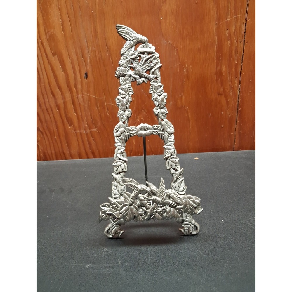 Hummingbird Easel Stand Silver Tone Excellent Ornate Floral Metal